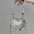 Luxury silver heart-shaped evening bag with full rhinestones and chain strap - Silver Heart Bag with Triangle Crystals