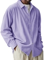 Detailed view of lavender corduroy shirt texture and vertical pleated fabric on the sleeve - Purple