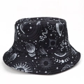 Detailed top view of black bucket hat with white celestial and zodiac prints - M (56-58cm) / Black and White Starry Sky