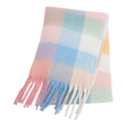 Plaid mohair scarf with pink, blue, and green color block design and fringe detail - 19#