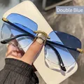 Fashionable rimless square sunglasses with blue gradient lenses and gold metal frames - 1607 Double Blue Gradient