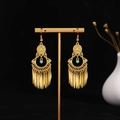 Ethnic peacock earrings with gold tassel and sky blue beads in bohemian style - E3412 Blue Bead Tassel Dangle