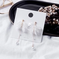 Detail of white flower petal earrings with pearls and gold chain on a branded display card - Long Petal Artificial Pearl Style (E1930-2/Silver Needle)