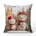Linen Christmas pillowcase featuring snowmen in a forest scene for holiday sofa decor - Snowman