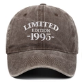 Macro view of white Limited Edition 1995 embroidery on washed cotton baseball cap - Adjustable / Coffee