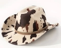 Cappello da cowboy in scamosciato con stampa mucca, catena dorata e nastro intrecciato - M (56-58cm) / Stile Catena di Perline Oro Stampa Mucca (16) / Stampa mucca
