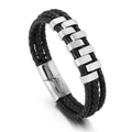 Men's woven leather bracelet with multiple strands and silver magnetic steel clasp - Steel (KB162389-YY)