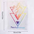 Rainbow suncatcher window sticker with mountain design and 15x10cm size measurements - RPS070: Gradient Mountain Geometry