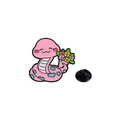Cute pink cartoon snake enamel pin holding colorful flowers with black rubber clutch - Pink Snake with Flowers