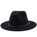 Detail of classic black wool fedora featuring brown leather band with metal buckle - M (56-58cm) / Black