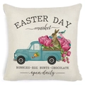 Easter pillow cover with vintage blue truck, tulips and cute bunny on beige linen fabric - Zl2002064-36 / 45*45cm Cover Only