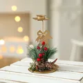 Golden Christmas candle holder with pine cones, red berries and a festive bow - Bowknot Single Candle Holder
