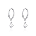 Minimalist S999 sterling silver hoop earrings with diamond shaped pendants in silver finish - S999 Sterling Silver / Rectangle Earrings