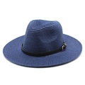 Dark blue woven straw fedora hat for women with black leather band and gold buckle - M (56-58cm) / Navy Blue