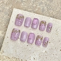 Handmade purple cat-eye press-on nails with 3D floral designs and square crystals - Extra Small (XS) / Lavender Purple Cat Eye Hand-Painted Floral