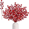 Artificial red holly berry branch with snowy frost finish for winter floral decor - Red 12-branch Frosted Berries