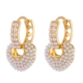 Detail view of heart-shaped pearl earrings with gold base and white pavé setting - Gold Heart Pearl Stud Earrings (4009)