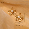 Detailed view of pearl bow earrings in gold finish with size and weight measurements - Gold Bowknot Artificial Pearl Earrings Style (NMSE-D544-1)