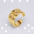 Golden adjustable stainless steel ring featuring detailed engraved sun pattern on light background - b13 Sun Pattern Embossed / Gold