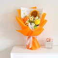 Handmade knitted sunflower and tulip flower bouquet in vibrant orange gift wrapping - Sunflower Orange Series
