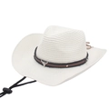Handwoven white raffia cowboy hat featuring brown leather band and metal bull head ornament - White