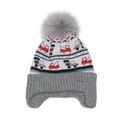 Detail of child's knit earflap hat with truck jacquard pattern and fluffy grey pom-pom - M (52-54cm) / Grey (White with Grey Trim)