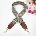 Adjustable beige and gray woven bag strap with golden metal buckles and leather trim - Gray Khaki + Brown Leather