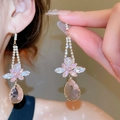 Elegant long drop earrings with pink zircon butterfly pendants and flower motifs - Gold Pink Flower (8#)