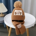 Brown knit winter set for kids featuring a pom-pom beanie with a bear patch and scarf - BY Cartoon Bear Set - Coffee