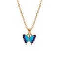 Golden butterfly pendant necklace featuring vibrant blue enamel wings on a delicate link chain - A3054-BLUPU (Blue Purple Butterfly)