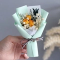 Close-up of mini bouquet with yellow dried roses, gypsophila and green paper wrap - Yellow Rose (Light Green Wrapping)