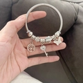 Silver charm bracelet with tree of life and heart key pendants on elastic band - Shining Galaxy Butterfly Bangle