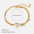 Gouden roestvrijstalen armband met 12mm hartvormige kristal en verstelbare ketting - Armband met witte zirkonia