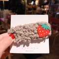 Cute beige plush hair clip with red strawberry decor on white card, Korean style accessory - J-19-Brown Strawberry
