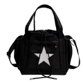 Black nylon drawstring crossbody bag with white star logo and functional side pockets - Black