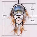 Wolf head dreamcatcher wall hanging with natural brown feathers and wooden beads - Wolf Cubs Multi-Ring Style (MS8084A)