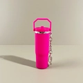 Neon pink mini travel tumbler keychain with silver metal chain and clip for backpack - New Portable Rose Red