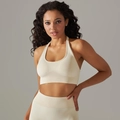 Set reggiseno sportivo allacciato al collo senza cuciture e leggings yoga beige crema - S / Beige