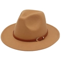 British style light brown cashmere fedora hat with dark brown leather belt and gold buckle - M (56-58cm) / Camel