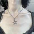 Macro detail of a minimalist silver hollow star pendant necklace on a delicate chain link - Hollow Pentagram Star Necklace