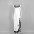 Detail of white satin maxi dress featuring delicate black eyelash lace trim and side slit - S / White