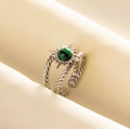 Silver stainless steel double-layer ring with green malachite stone and sunburst detail - Silver Tone Green Stone Style (J586-S-G)