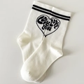 Beige mid-tube cotton socks featuring black stripes and a heart pattern with LOVE text - One Size / No.1-Black Heart