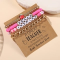 Set pulseras para profesora con cuentas rosas, letras Inspire y colgante de manzana - Juego de 4 Piezas Rosa Blanco Oro-TEACH INSPIRE