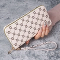 Portefeuille long pour femme en similicuir beige avec motifs cygnes et zip doré - Blanc Cassé