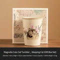 Ru-ware ceramic tea cup with sleeping cat pattern and gift box, 250ml capacity - Gift Box / Magnolia Sleeping Cat