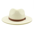 Close-up of cream woven Panama hat with brown leather band and metallic buckle detail - M(56-58cm) / Milky White