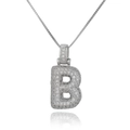 Macro detail of silver letter B pendant with micro-paved zircons and a classic box chain - Letter B (DX34-B)