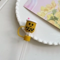 Yellow bubble tea straw cover with smiley face on glass straw for Stanley cup - Milk Tea Cup-Earth Yellow / 10mm