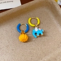 Asymmetric gold earrings with colorful enamel elephant and pumpkin charms on round hoops - Asymmetric Elephant Pumpkin Style